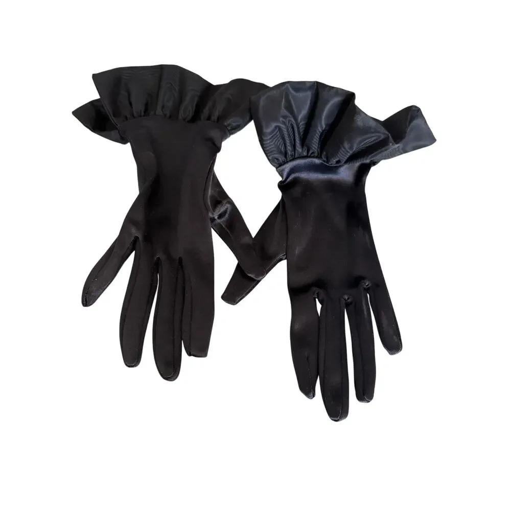 Imagnin Black Satin Ruffle Cuff Evening Gloves SZ 10 Formal Gothic Romantic NEW